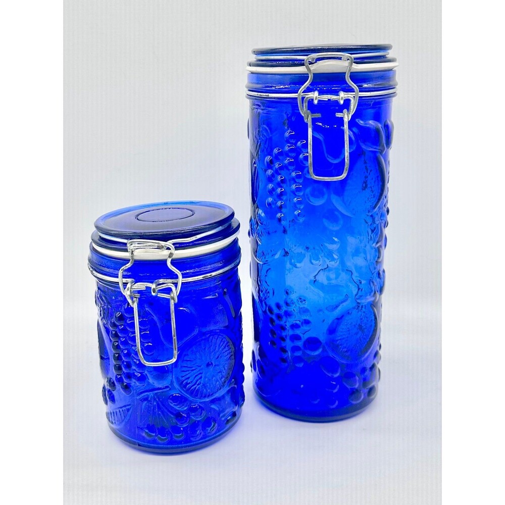 Vintage Cobalt Blue Glass Storage Canisters embossed fruit and metal closures